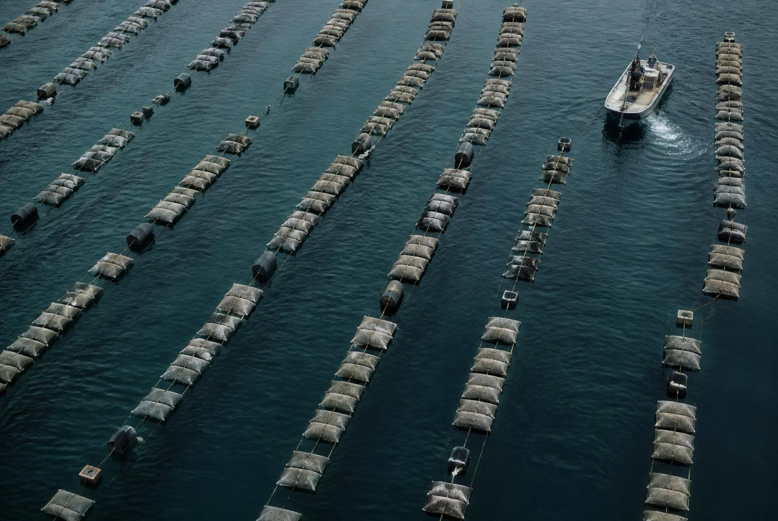 Aerial detail of oyster aquaculture cage rows forming a geometric grid on dark coastal water